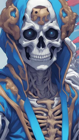 a close up of a person with a skull on their head, blue and black colors, anime skull portrait man, scary detailed art in color, hiroyuki-mitsume takahashi, nychos art aesthetic, half man half skeleton, anime cyberpunk art, colored manga art, rossdraws pastel vibrant, hot colors. insanely detailed, beautiful anime portrait, stunning anime face portrait, scary art in color