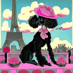 Vintage drawn illustration of a black and pink poodle with roses wearing a beret and smoking a cigarette on the rooftop of the Louvre, french illustration, Camilla d' Erica, storybook illustration, aubrey Beardsely, art deco motifs, highly detailed, color pencils, soft, vogue, french cartoon, editorial drawing,