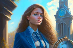 A beautiful light brown-haired, light-skinned woman in an elegant blue suit, graveyard and clocks highly detailed digital painting elegant very attractive beautiful award winning fantastic view crisp quality very cute acrylic art in the sunlight