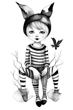 Watercolor black and white magic pixie with socks with stripes