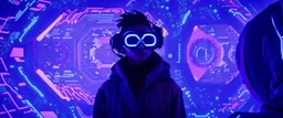 A prodigy in cyber-navigations, Terra Byte in a lush void, uses their unique skills to manipulate digital space and create virtual ecosystems that serve as sanctuaries from the harsh cyberpunk reality. Draped in garments seamlessly integrated with camouflage tech, and goggles perpetually projecting data streams before his eyes, imperfection, natural lighting, cinematic, Fuji Film, Anamorphic lens, 2040s, deep depth of field, Solarpunk