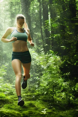 woman in forest, mid shot, running away from, slipped, wet,