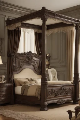 Beautiful ornate four post canopy bed in a dark colored bedroom, victorian