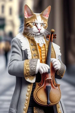 Mature cats dressed like "Wolfgang Amadeus Mozart", paws, playing violin, street, Vienna, friendly, sunny day, model style, hyper realistic, extremely accurate, delicate, extremely detailed, Graphic novel style, wide-angle, open aperture, superfine pencil