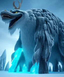 A giant creature frozen in ice,midjourney style, 8k, photorealistic, cinematic lighting, dramatic, atmosphereric,