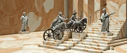 niad, greek gods and heroes, the chariot, the fool and the tower tarot card disaster rendered in magnificient 4d glossy marble stones reflective and wet, like mirrors, winding stairs, watchers, statues of perfect octahedron dice