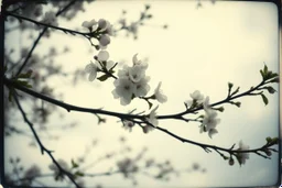Melancholic, ultra-realistic vintage polaroid photograph of a blossoming branches of an apple tree, soft light of a cloudy sky, atmosphere of quiet sadness and timeless beauty, cinematic, hyper-detailed, emotional and mesmerizing, bloom, lo-fi