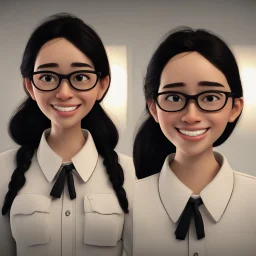 a portrait of smiling woman wearing formal shirt. long black hair. light brown skin. black eye pupils. big nose. oval face shape. wearing glasses. pixar style. 3D. 4k. portrait. highly detailed. sharp focus. high resolution. full color. cinema lighting