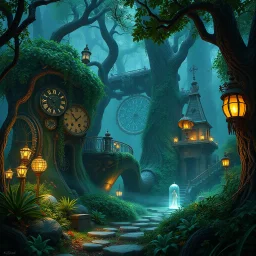 Scene from a modern fantasy movie featuring the "Garden of Practicality", the Clockwork Forest Realm of Ix Chel, Steampunk style.