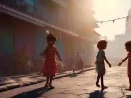 children playing on the Indian street capture them against the sun and make an art silhouette, hyper details, real sharp, 8k