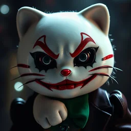 hello kitty with joker's make-up smeared lipstick; menacing gaze; creepy; shiny, shining