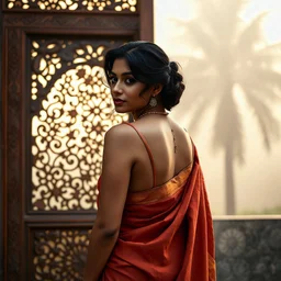 A divine South Asian woman stands in quiet grace, draped in a designer saree of earthy clay tones, evoking the warmth of Bengal soil. Her modern blouse features a deep back cut and minimalist straps, blending tradition with contemporary elegance. Her teary eyes shimmer with emotion, her serene face framed by soft curls and a subtle bindi. Behind her, a carved wooden door with intricate floral and geometric patterns glows in the misty golden light of Diwali. A tall palm tree looms through the fog