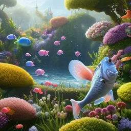 pixar style, volumetric summer garden environment and background, realistic painting of a fish, looking excited, detailed digital painting, extreme dense and fine fur, anime, ornate, colour-washed colors, elegant, small minutiae, tiny features, particulars, centered, smooth, sharp focus, renderman gofur render, 8k, uhd, detailed eyes, realistic shaded volumetric lighting, sunlight caustics, backlight, centered camera view