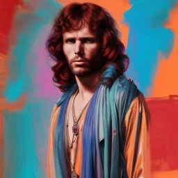 Photo of Jim Morrison , beautiful face, multi-hued red hair; in the style of martine johanna, draped in flowing fabric, ignore nsfw, colorful energetic brush strokes, realistic, sharp focus, 8k high definition, insanely detailed, intricate, elegant, art by martine johanna and artgerm