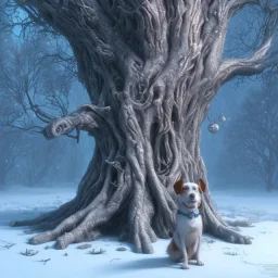 SAD, SCARED, LONELY DOG chained to a tree, winter, house, 8k resolution, high-quality, fine-detail, intricate, digital art, detailed matte, volumetric lighting, illustration, 3D octane render, brian froud, howard lyon, selina french, anna dittmann, annie stokes, lisa parker, greg rutowski