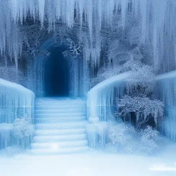 ethereal winter flowers, carved ice door at the end of ice steps, magical atmosphere, Renato muccillo, Andreas Rocha, Johanna Rupprecht, Beardsley, Unreal render, cinematic blue --aspect 9:16 --s 2500