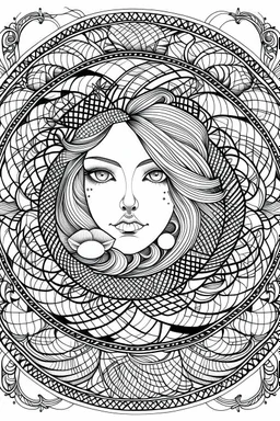 Mandala of the Yin Yang symbol merged with the Sri Yantra, rendered in black and white with clear lines for an adult coloring book, contour, vector, clean line art, against a white background