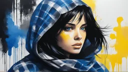 breathtaking portrait of gorgeous girl short black hair yellow and blue plaid hooded scarf dark silver and black textured satin fabrics jagged edges eye-catching details insanely intricate vibrant light and shadow beauty panel paintings textured tweed background captivating stencil art oil painting style contemporary ink watercolor brush strokes negative white space