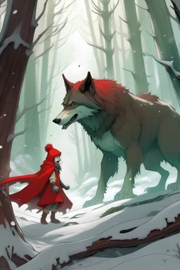 El lobo gigante y feroz siendo domesticado por Caperucita Roja en un agradable bosque en la nieve.