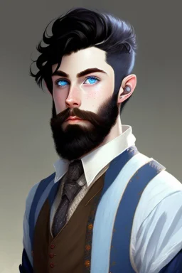 Black haired blue eyed freckled young male wizard in the style of aubrey beardsle