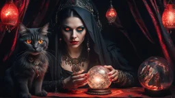 Hyper Realistic photographic-view of Wicked-&-Beautiful-Fortune-teller-with-glowing-red-eyes wearing black-beed-necklace-&-bracelet angrily Looking at her crystal-ball glowing magically & sitting in her tent with a horrifying-black-cat at dark-night decorated with fancy-traditional-feathers, tarot-cards-&-glowing-crystals showing dramatic & cinematic ambiance