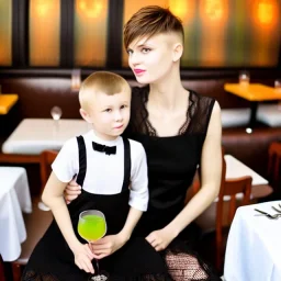 Russian guy boyish boylike short man's haircut boyish features in black girlish lacy cocktail dress as mother in restaurant