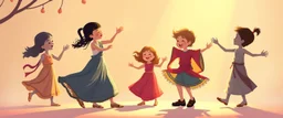 illustration of children playing and dancing. fantastic lighting, chaabi children's book proportions, on a light background