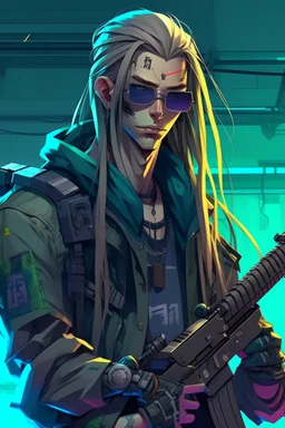 male cyberpunk solo with long hair tail, Norwegian, Wearing Leisureware and mirrored sunglasses, armed with sniper rifle, lean, nice, Anime Style, Retroanime, Video Game Character