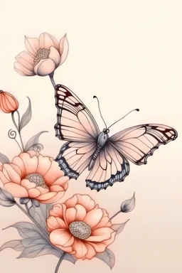 beautiful flowers and butterfly sketch art with space