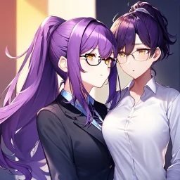 girl, masterpiece, best quality, volumetric lighting, dynamic pose, detailed outfit, perfect eyes, long hair, purple hair, vibrant golden eyes, office clothes, black glasses, messy hair, ponytail,