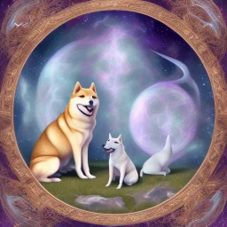 albino shiba inu, ethereal blue violet aura, Orion constellations, orbs, hunter