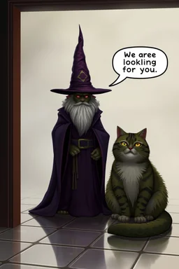 Wizard,snakebat and fat cat, add some fucking realism with no mutants, and a foggy background, and shiny tiled floor, and speechbubble saying "We are looking for you."