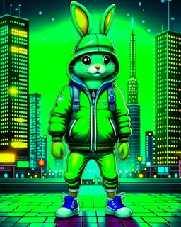 Conejo alienígena antropomorfico con chaqueta, Jens, tennis y gorra en la ciudad, full body, arte vectorial, calidad ultra, hiperdetallado, maximalista, increíble obra de arte, 12k