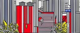 A light red electrical power plant with batteries painted by Roy Lichtenstein