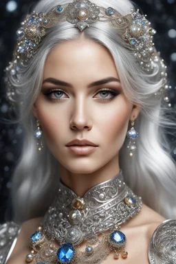 Half body photography ultra realistic portrait natural beauty of young woman, beautiful, shiny hard eyes, make up, shiny baubles, ornate, large gemstones, shiny molten metalics, shiny wire filigree, silver hair, high definition, high res,establishing shot