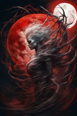 A dramatic digital painting portraying a figure under the Red Moon, veins pulsing, claws of temptation visible, soul in turmoil. In the style of Giger and Salvador Dali and Van Gogh, vivid colors, swirling brushstrokes, highly detailed, 8k resolution, surrealistic., by Ryohei Hase, Agnes Cecile, Raymond Swanland, Anne Bachelie