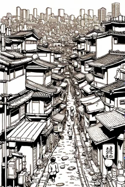 Poor neighborhood Tokyo, line arts, manga style