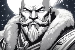 Happy Braum in 8k solo leveling shadow drawing style, only big Moustache, Bald, ice winter, intricate details, highly detailed, high details, detailed portrait, masterpiece,ultra detailed, ultra quality