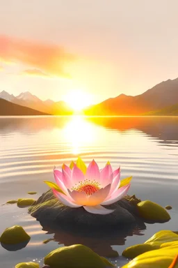 Water, air, little light fire on earth, Real swiss mountain, ocean landscape, heart nice lotus flour, Joy happiness, hyper real, sunrise, star, light color