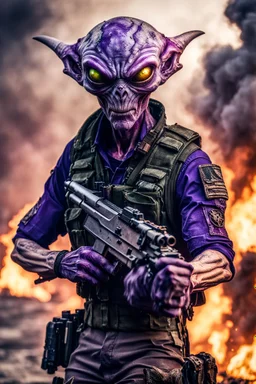 an epic 12k,ultra high definition , digital photo of a scary looking alien, purple colored alien, angy and rising from the ashes, a war veteran, army beret , captain rank, ripped and torn ammo clothing, chaotic fiery and dust background, dramatic close-up action shot of him behind the machine hand gun on the burned out war tanker,gothic and sinister