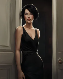 Realistic beautiful women in a black dress, short black hair, door, natural colors
