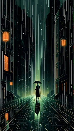 An atmospheric, noir-style illustration of a rainy cityscape at night, featuring glowing streetlights reflecting off the wet pavement, towering Art Deco skyscrapers, and a mysterious figure holding an umbrella, evoking a sense of intrigue and timelessness.thin line draw