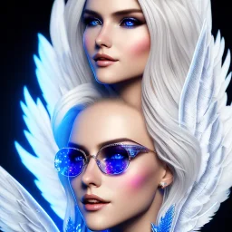 A beautiful portrait of a cute smiling cyberpunk woman with wings, long blond haire, high key lighting, volumetric light high details with white stripes and feathers and blue celtic paterns and luminous glasses in a starry background