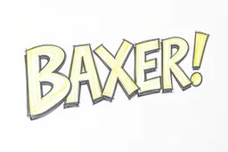 a drawing with sketch lead pencil, The word "BAXER" in yellow floating like a big sign, strong painting, strong expression, BAXER!, BAXER! write the word Baxer