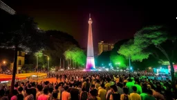 ciudad de buenos aires, es de noche, hay un montón de gente alrededor bailando y tomando, luces blancas y coloridas, se muestra el obelisco, fiesta, festejo