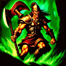 90's TCG art retro fantasy art of a male warrior charging with axe