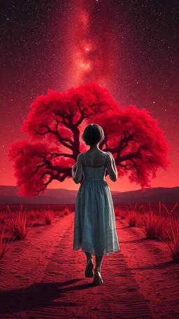 A beautiful girl walking with an alien both their hands on both shoulders from rear view , they are walking toward a an red big old tree in a distance ,in romantic themes in the background is a vivid red sky stars and milky way galaxy and the blighting creates a dramatic and otherworldly atmosphere