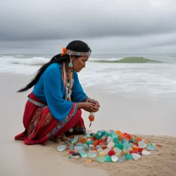 An American Indian woman, adorned in vibrant traditional attire, kneels on the shore with reverence, searching for sea glass. Against an overcast sky, she sifts through sand, collecting gems that hold the sea's secrets, each piece a memory of ocean journeys.