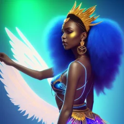 full body shot, masterpiece, best quality, black skinned, sparkling eyes, long hair, gorgeous African Fairy queen,wings,fluorescent skin,light blue makeup,synthwave, light indigo, trasparent , irridescent, highly detailed body, sun light, 4K, RAW, depth of field, high contrast, realistic details, 24mm vaporwave aesthetic, synthwave, artstation, concept art, smooth, extremely sharp detail, finely tuned detail, ultra high definition, 8 k, unreal engine 5, ultra sharp focus