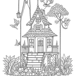 A fairy house with a garden and a swing, exact shape, real image, minimal lines, white back ground color, real style, realistic, minimalistic, minimal black line art, line art, crisp line art, unique coloring sheet, outlined, outline, crisp, crisp line edges, illustration, thin lines, crisp clear lines, line art, clean line art, unique, 8k, no colors, no dark color, no black color, avoid thick black, minimalistic line edges, pure white back ground,